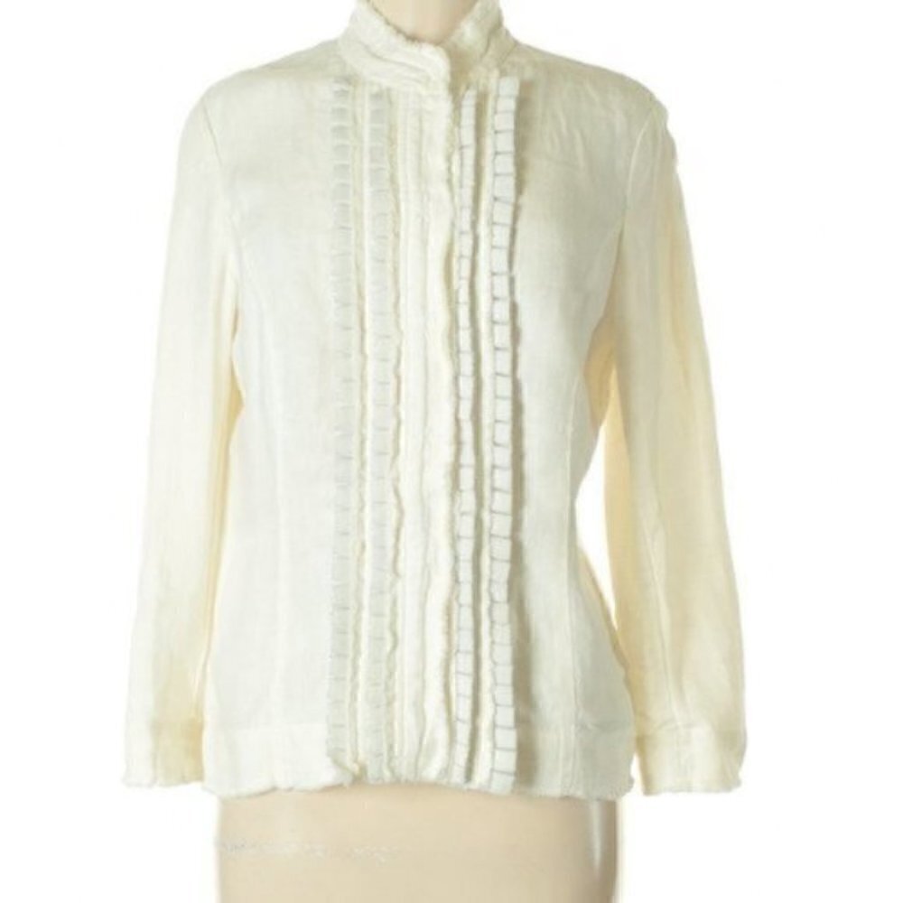 Philippe Adec Women's Size 4 Blazer Jacket Ivory Pleated Snap Up Silver Fringe